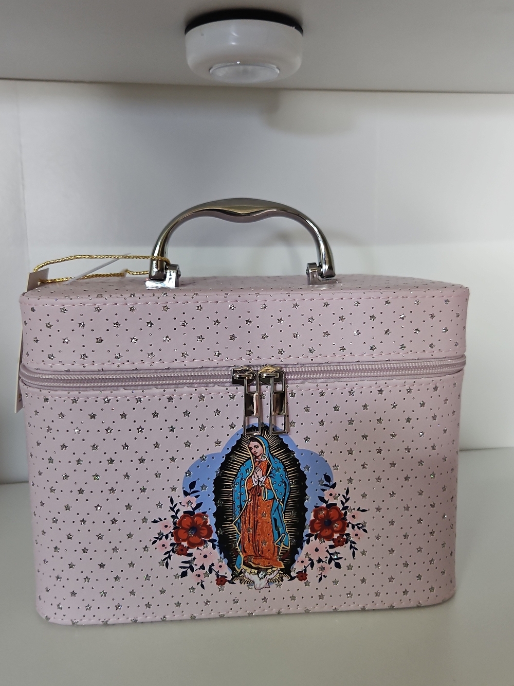 Pink Star-Print Cosmetic Case with Virgin Mary Motif